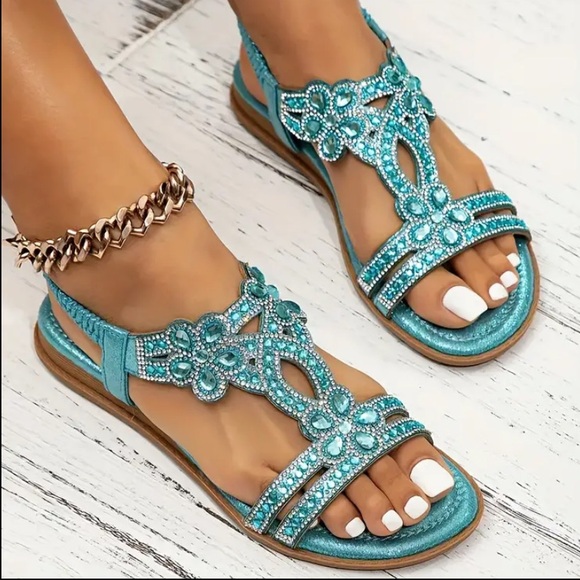 New Embellished Turquoise Rhinestones Sandals Studded Comfortable Shiny Sparkle - Picture 6 of 16
